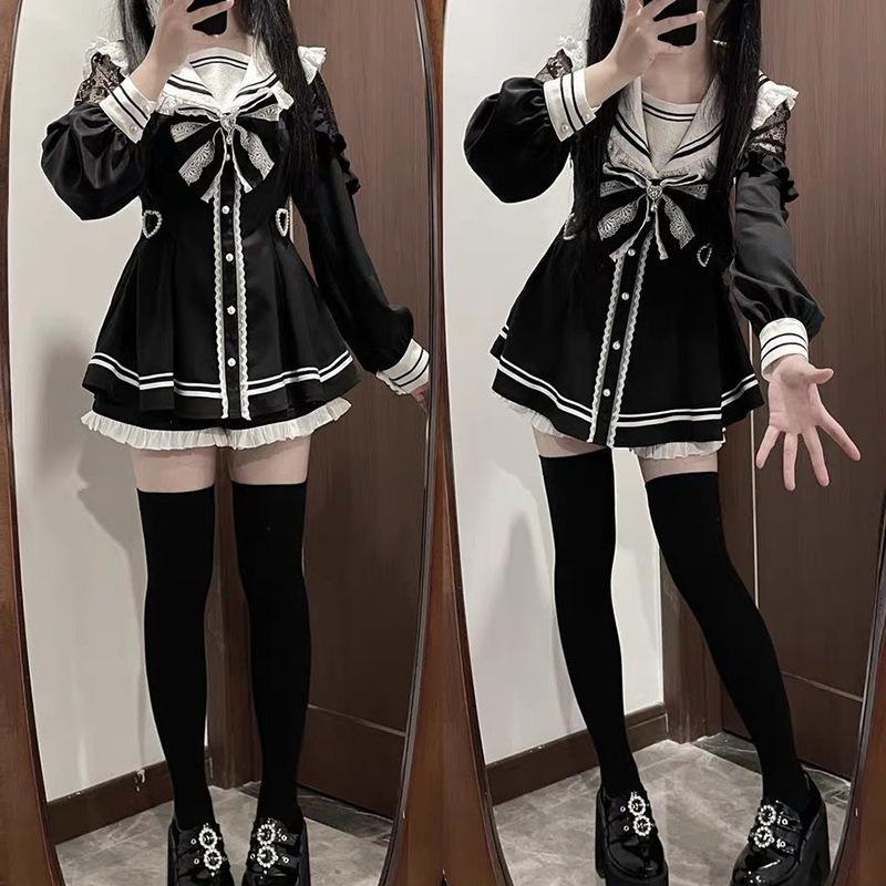 Women Vintage Sweet Long Sleeve Button Shirt Party Dresses Slim Mini Dress Japanese Style Gothic Y2k Lolita Bow Dress Shorts Set