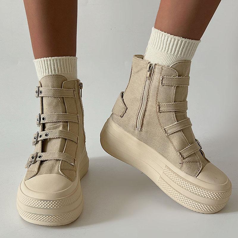 Women Platform Canvas Shoes Classic Casual Outdoor Versatile Sneakers Buckle Design High Top Boots Fashion Zipper Shoes Female