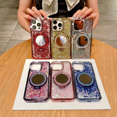 The Mirror Magnetic Stand Is Suitable for Apple 16 Phone Cases, 15promax Water Diamond Luxury 14 Epoxy Resin Glitter Case
