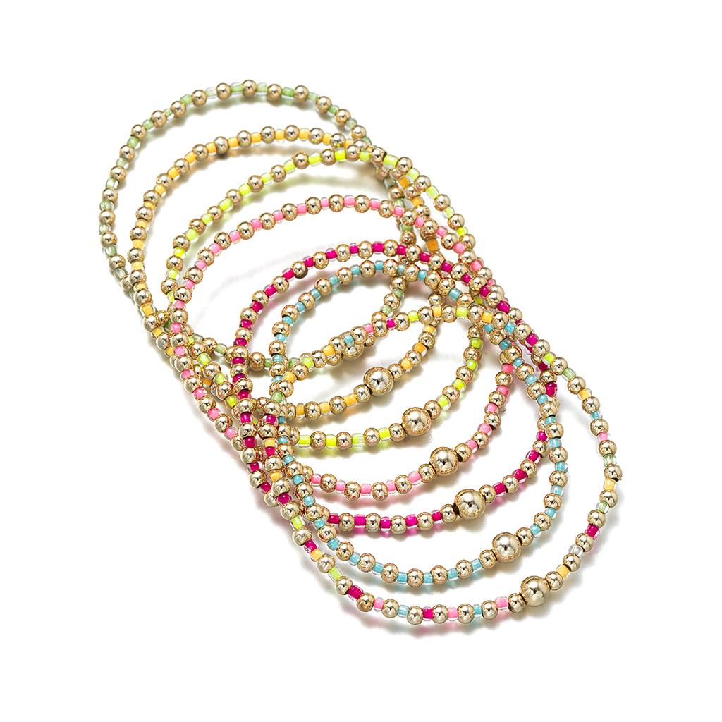 7 bunte Reiskörner-Armbänder im Bohemian-Stil mit mehreren übereinander liegenden Schichten, elastisches Armband für Damen