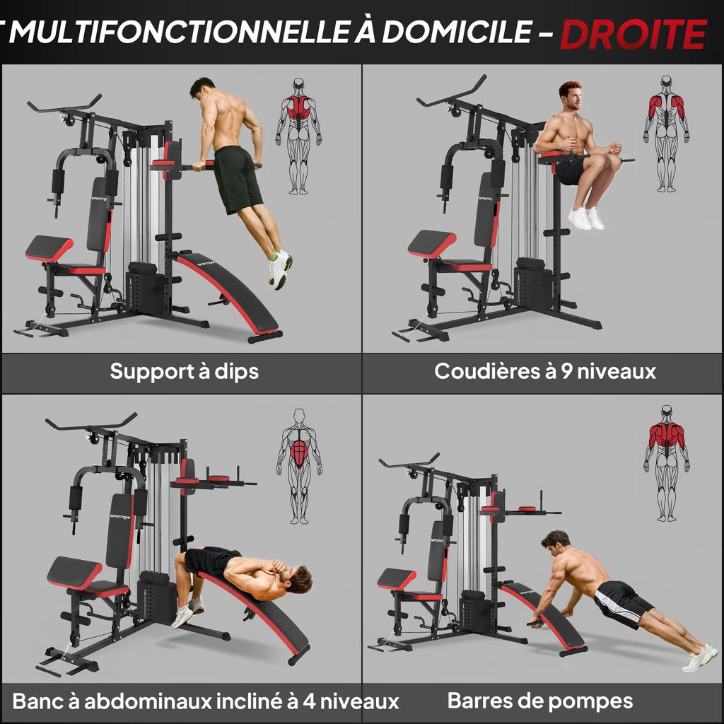 Multi-Gym Station, 65 kg Weights, Abdominal Bench, Black and Red