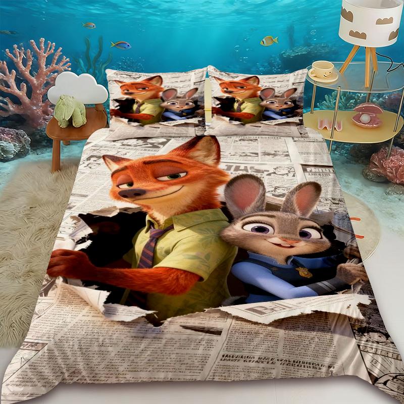 Zootopia Duvet Cover Judy Nick Anime with 2 Pillowcase Bedding Set Soft and Skin-friendly Kids Bedroom Decor Holiday Gifts