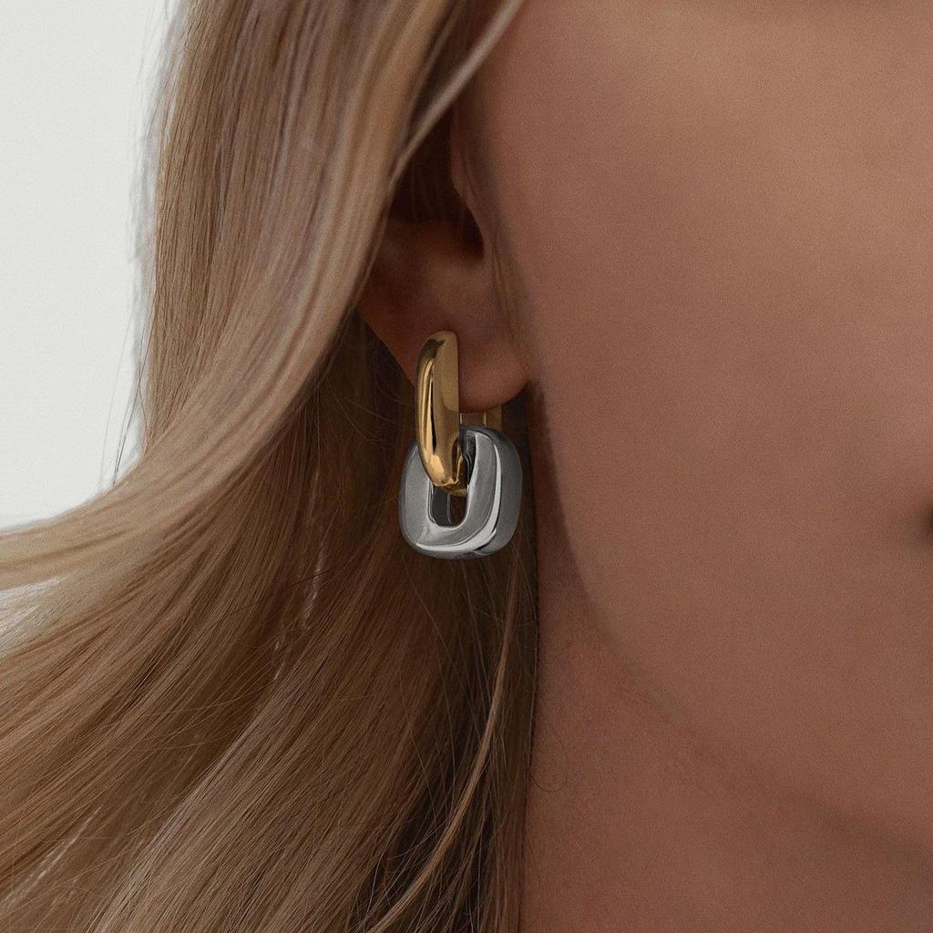 Jieding European & American Color Block Stainless Steel Stud Earrings - Light Luxury Titanium Jewelry
