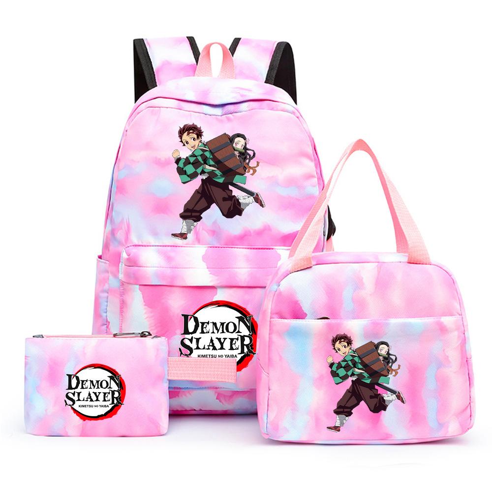 3 st/set Anime Demon Slayer Tryckt Ryggsäck med Matlåda Pennfodral för Tonåring Tillbaka till Skolan Stor Kapacitet Vattentät Skolväska Flickpojke Gåva