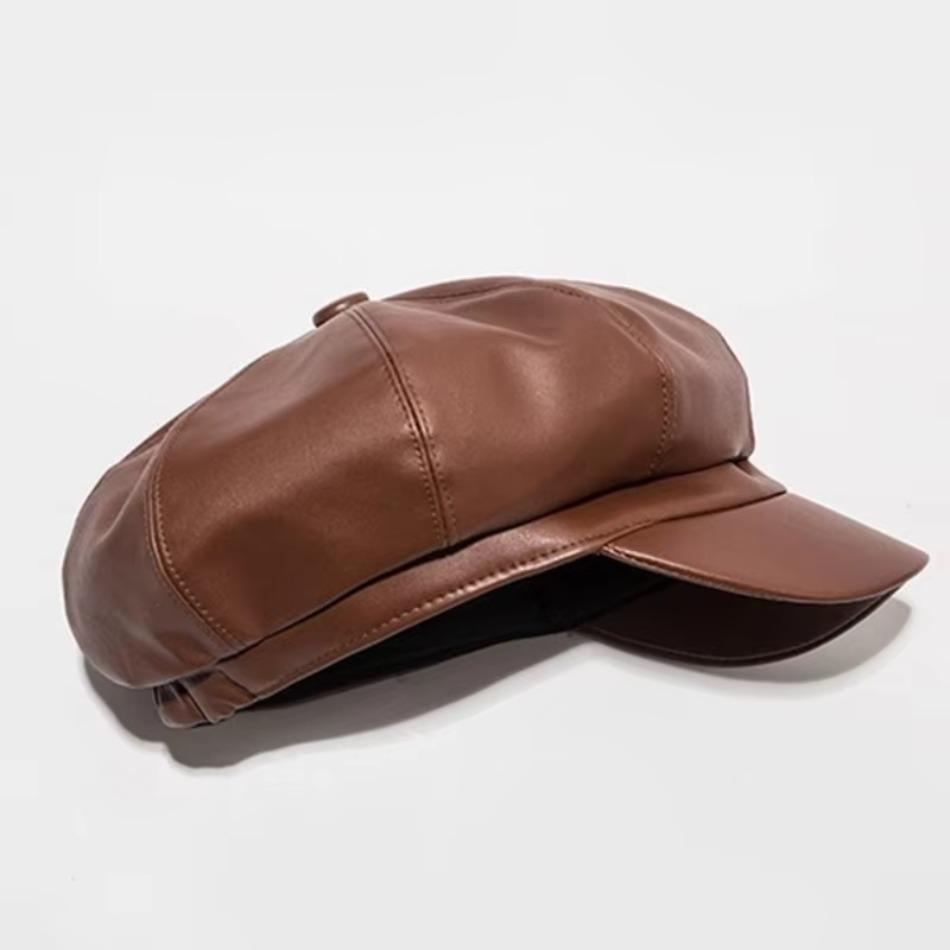 Osmihranný baret z PU kůže Podzim Zima Dámský Jednobarevný Barety Baseballová čepice Dámský Vysoce kvalitní Newsboy Cabbie Beanie