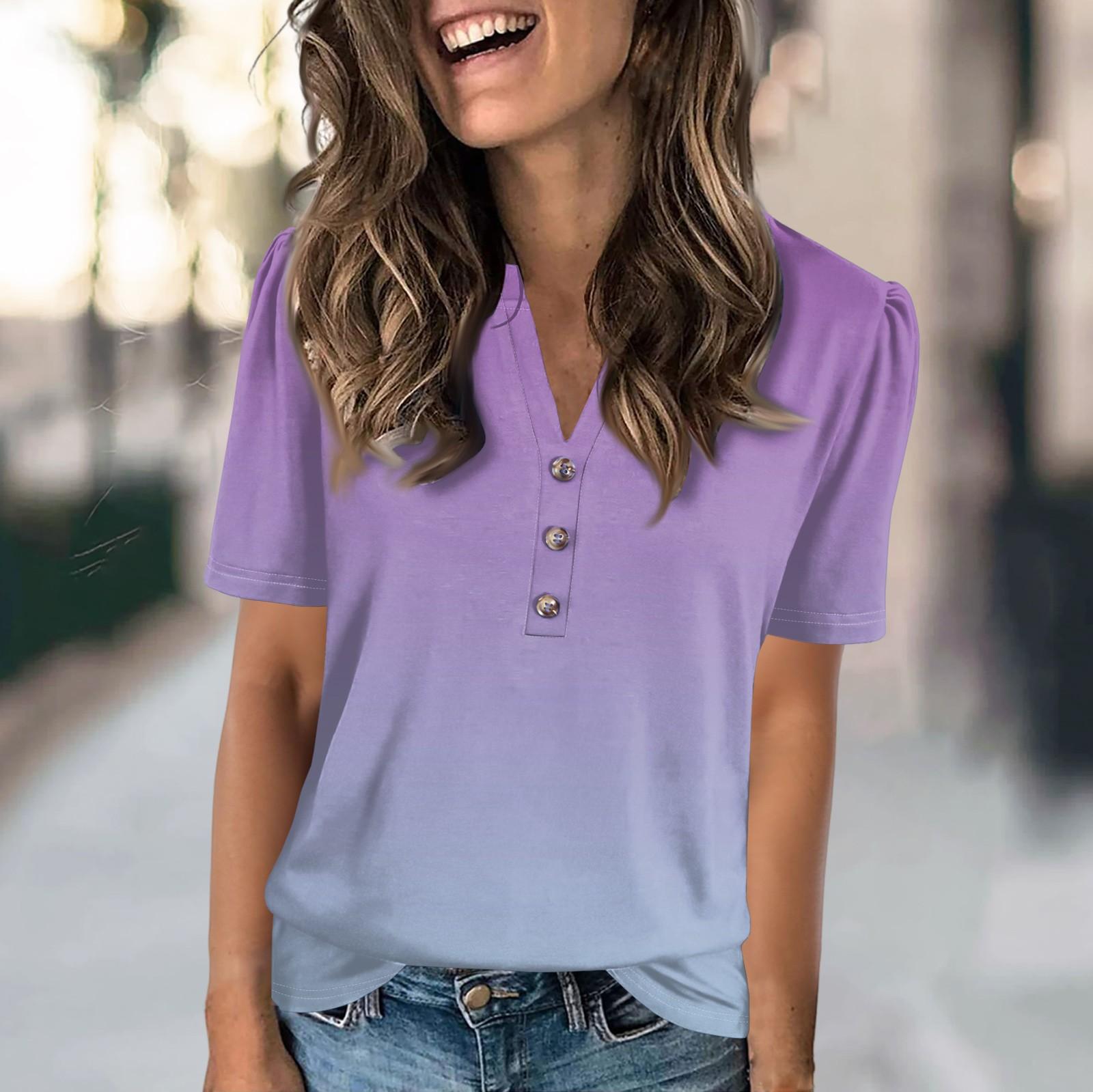 

Женская модная повседневная однотонная футболка с V-образным вырезом и коротким рукавом на пуговицах L фиолетовый