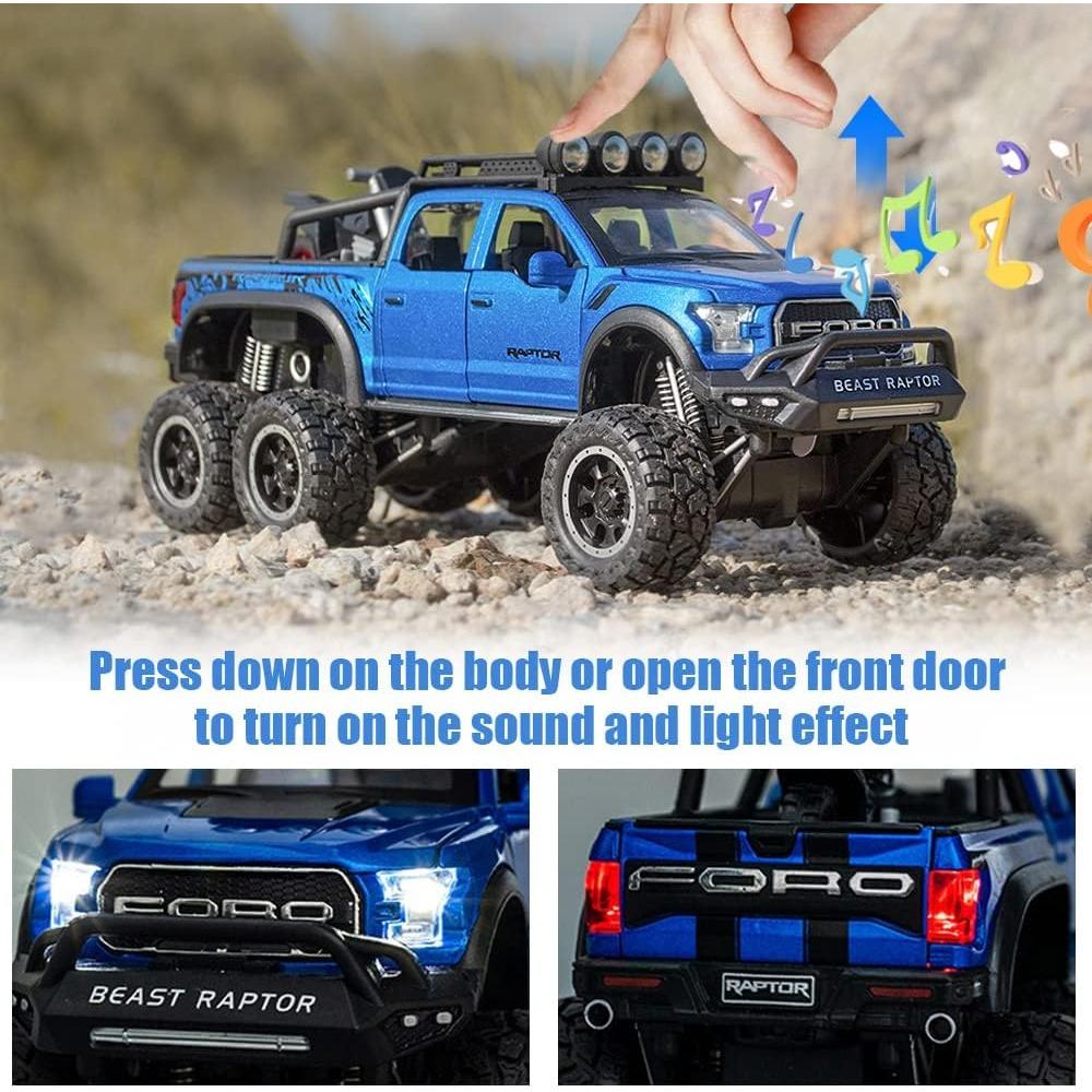 1/24 Scale Toy Pickup Trucks, Truck Toy, Ford F150 Diecast Metal Pickup with Sound and Light, 6x6 Off-Road Pull Back Trucks with Motorcycle for Kids
