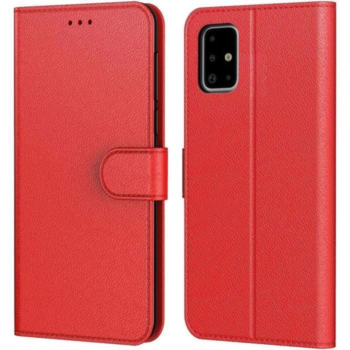 Coque pour Samsung A51 - PROSHOP - Rouge effet cuir - Protection 360° - Portefeuille - Support de visionnage