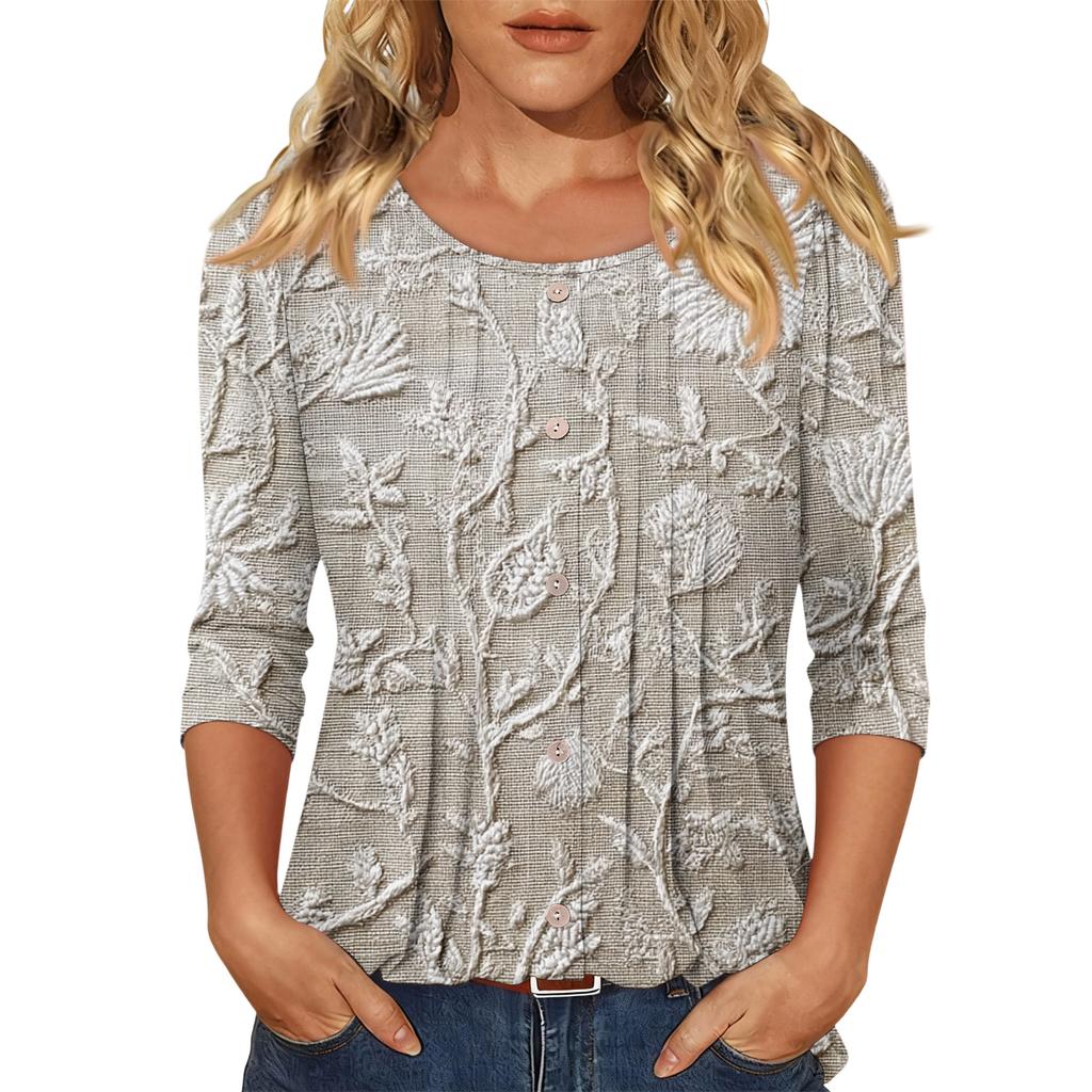 Women's Fashionable Casual Three,quarter Sleeve Button,down Retro Floral Round Neck Top