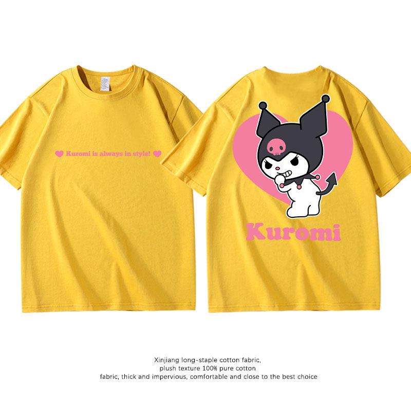 New Summer Pure Cotton Childrens Tshirt Kuromi Fashion Doublesided Printed Parentchild Outfit Round Neck Short Sleeved Shirt