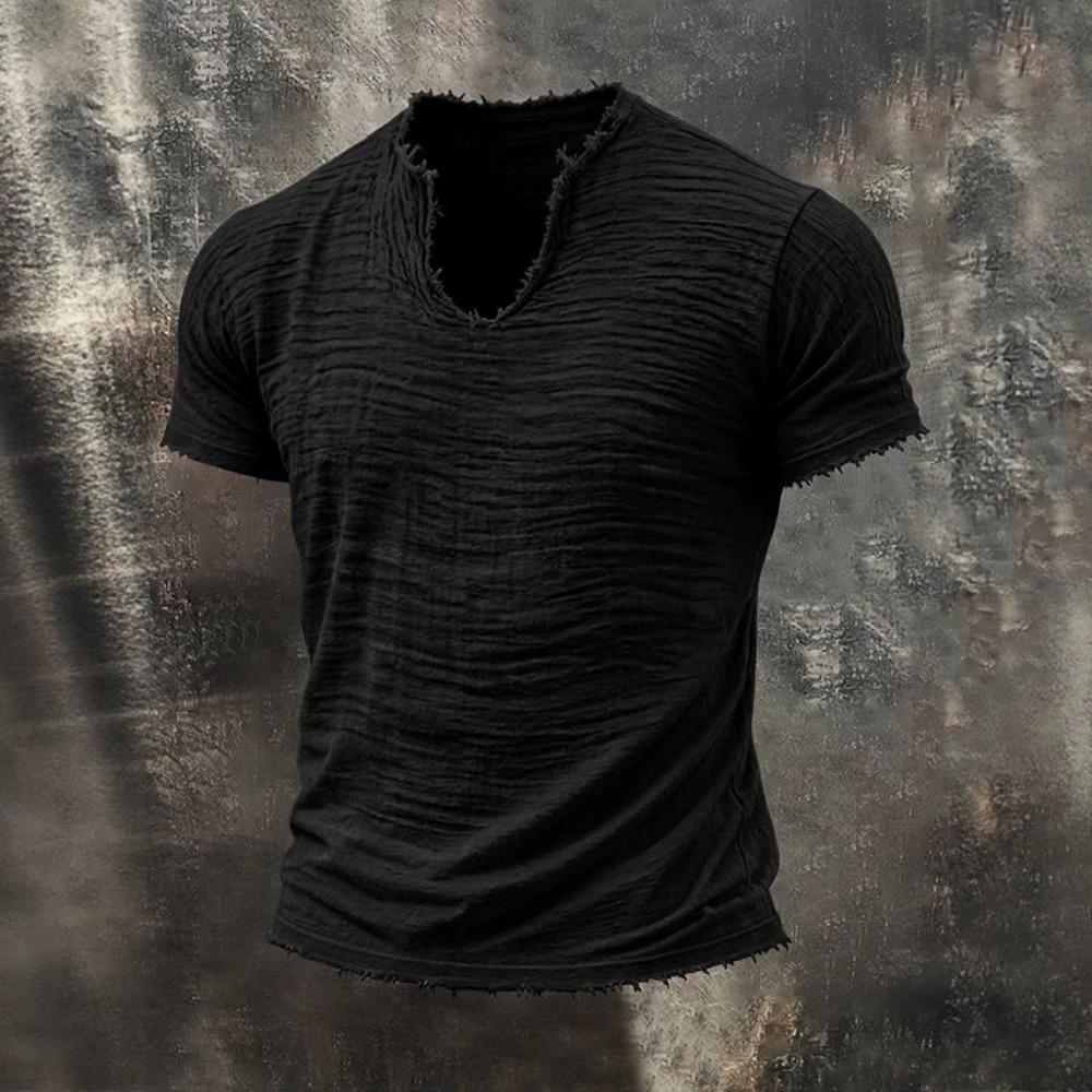 2026 Solid-color Men's Retro Cotton-Linen Mustache Edge Special V-Neck Short-Sleeve T-Shirt
