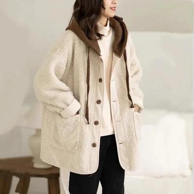 Damen Herbst/Winter Shearling-gefütterte Fleece-gefütterte Kapuzen-Kurzjacke Stilvolles Design Patchwork Verdicktes Sweatshirt