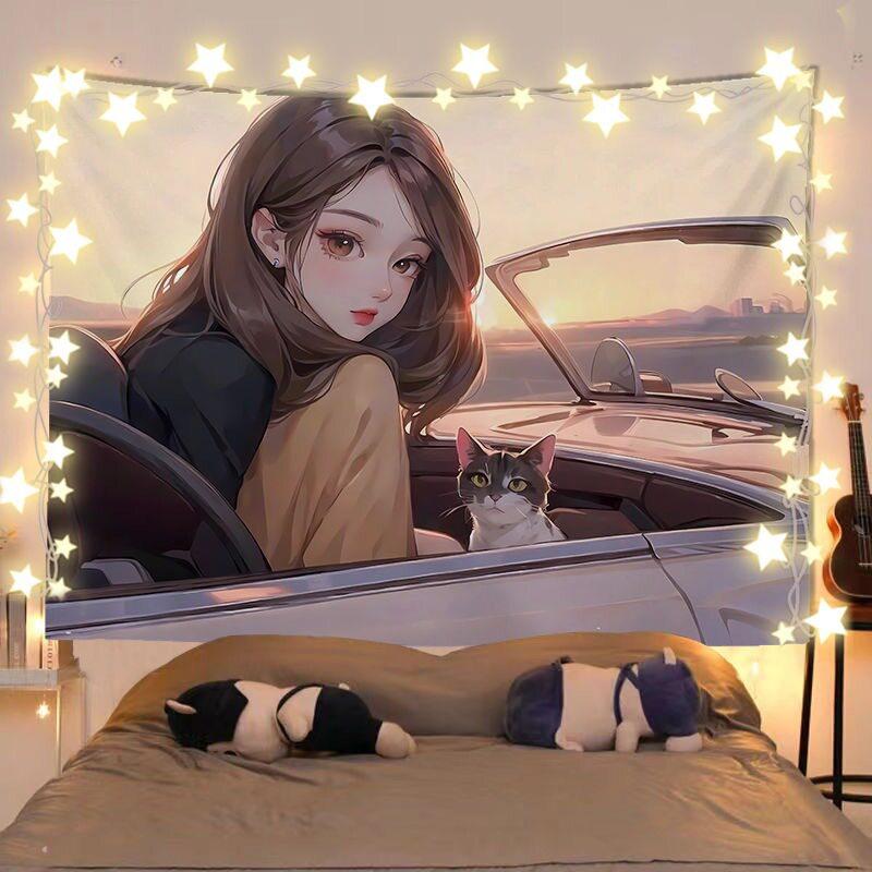Anime Girl And Cat Healing Scenery Tapestry Wall Hanging Decorative Fabric for Room Headboard Background