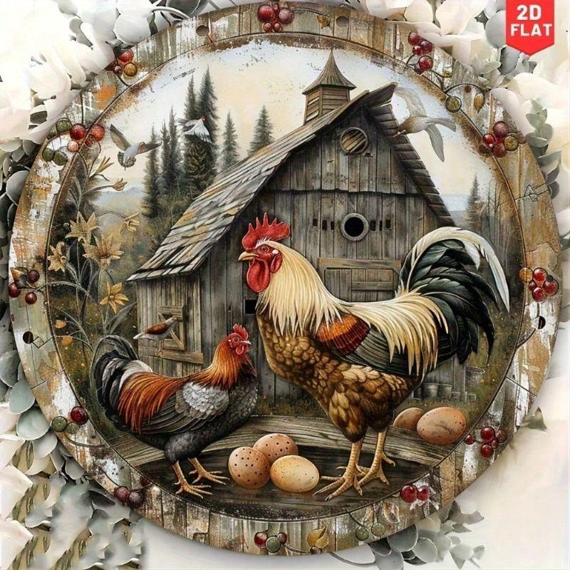 Vintage Round Metal Chicken Wall Art Farmhouse Kitchen Decor