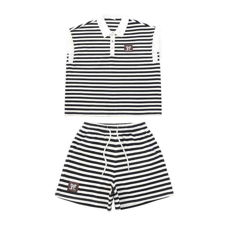 Girls' Trendy Striped POLO Shirt & Shorts Set - Casual Summer Style