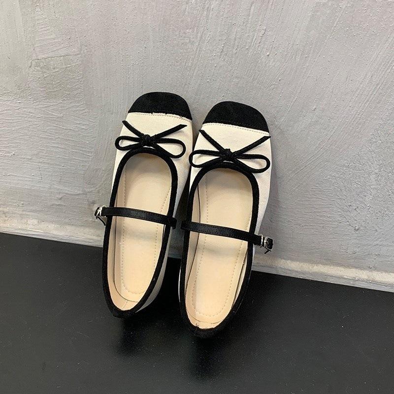 Bow splicing single shoes women's new one-button ballet flats
