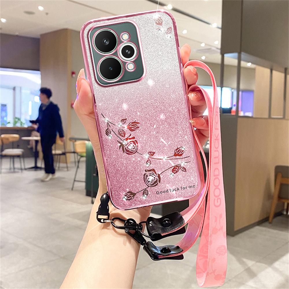 For Realme 15 5G Case Flower Pattern TPU Gradient Phone Cover with Lanyards