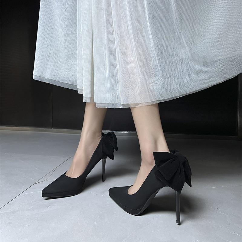 

Bow waterproof table stiletto high heels women s black 2025 new autumn and winter with skirt not tired feet single shoes 34