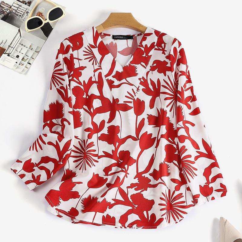 

ZANZEA Летняя повседневная блузка с v-образным вырезом и длинными рукавами и цветочным принтом