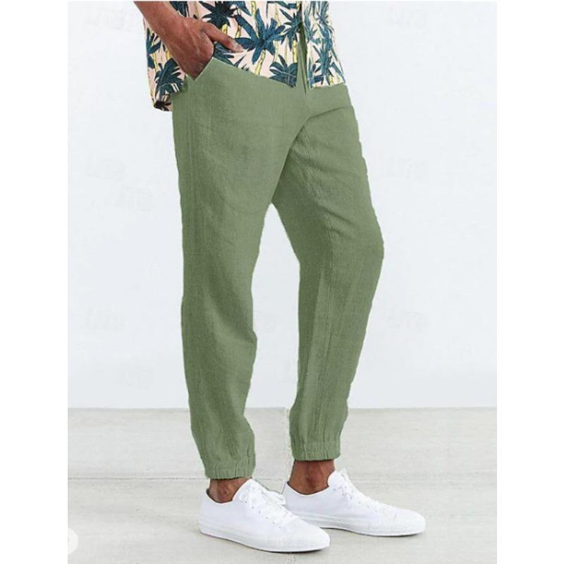 Men Casual Linen Pants Elastic Waist Drawstring Jogger Trousers Loose Fit Daily Outdoor Streetwear Long Pants