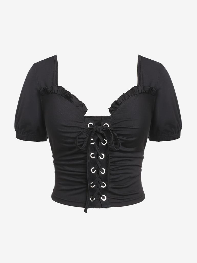 Rosegal Gothic Frilled Lace-up Ruched Crop Top