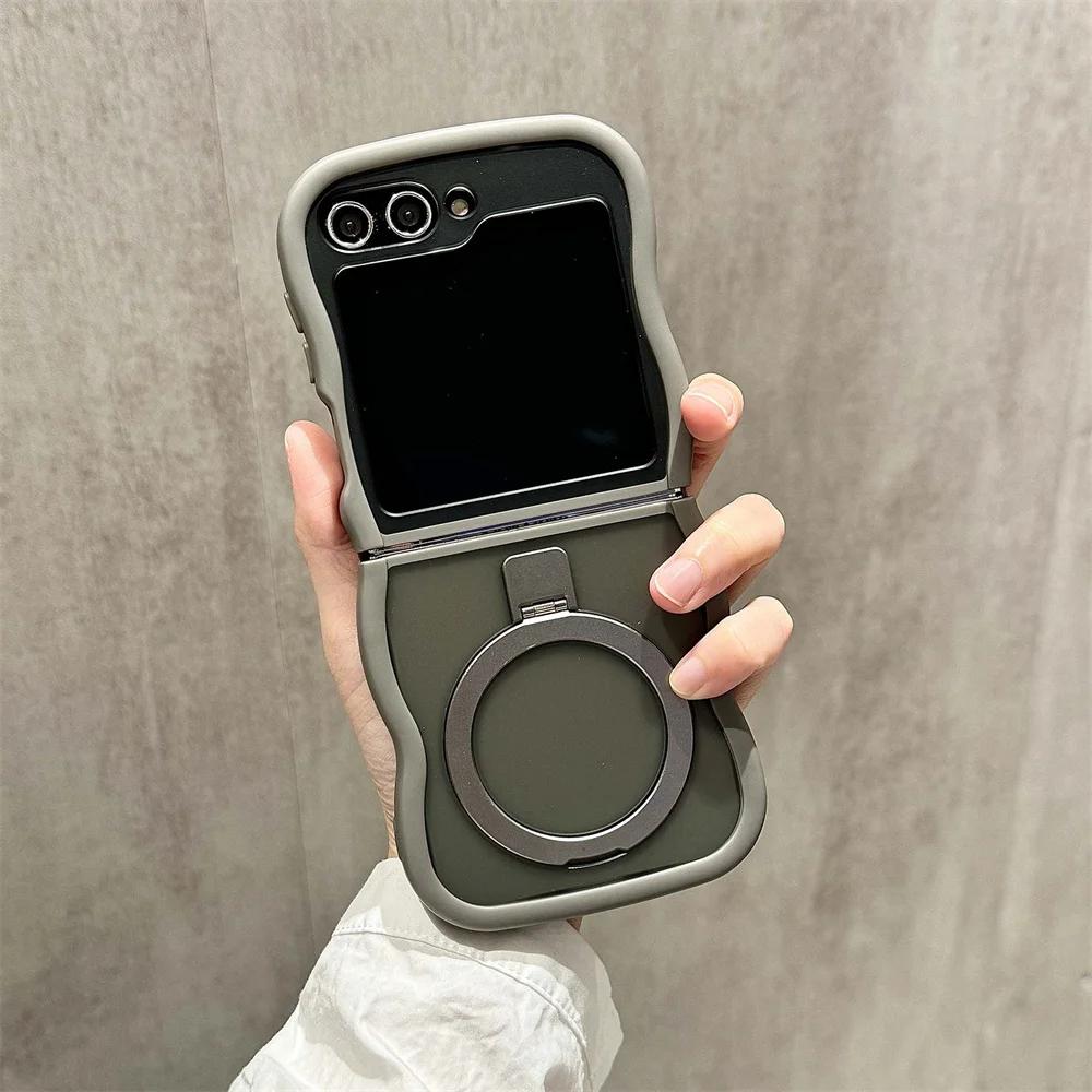 Curly Wavy Frame Translucent 360°Rotated Ring Holder Stand Cover For Samsung Galaxy Z Flip 6 5 4 3 5G For Magsafe Magnetic Case