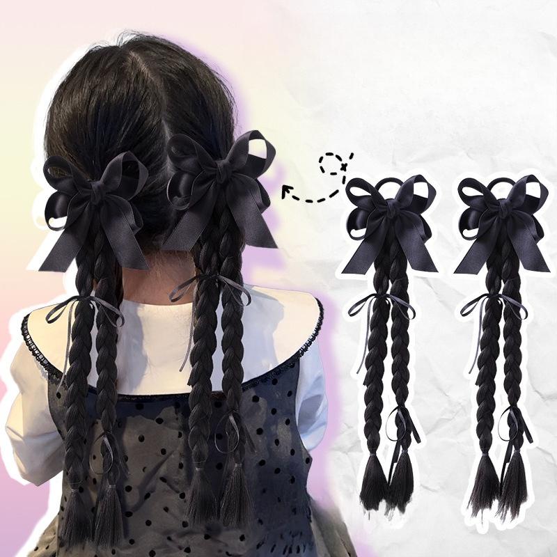 2 Pcs Korean Style Hair Ties for Kids Girls Ponytails Wig Braids with Edgy Bows Children Twist Braids Elastic Hair Accessories