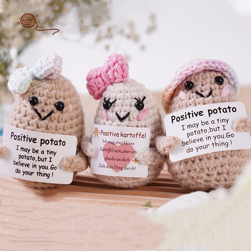 Funny Crochet Colorful Hat Potatoes With Card Home Room Decoration Handmade Knitted Positive Energy Potato Doll Christmas Gifts
