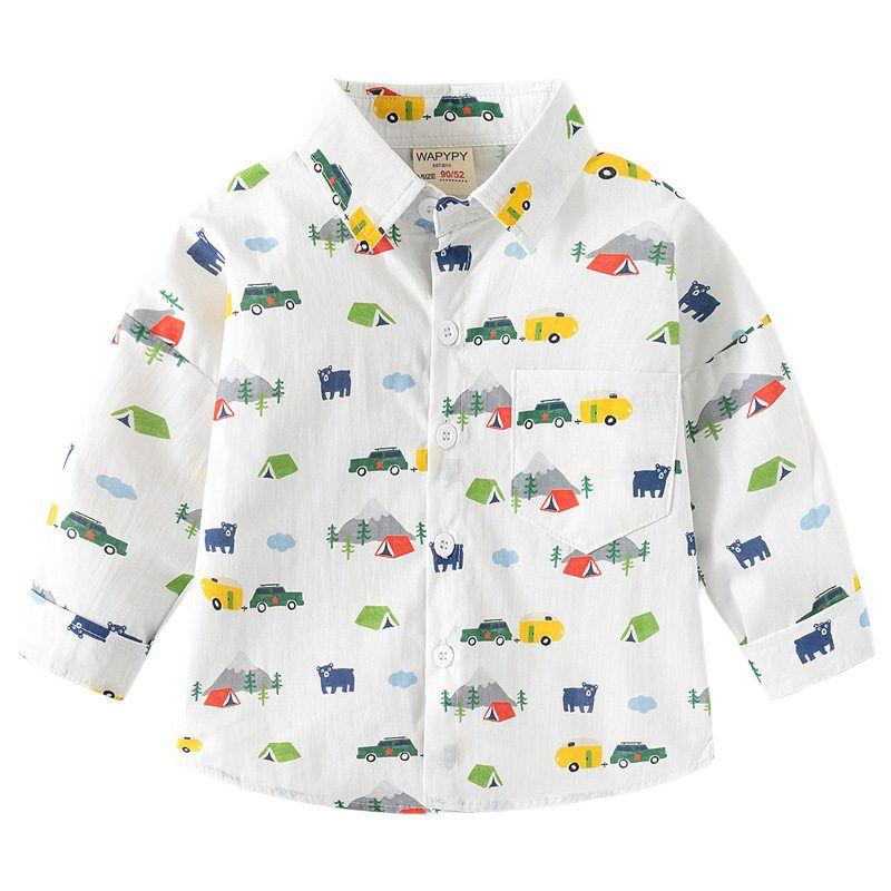 Children's Long-Sleeved Dinosaur Shirt, Spring and Autumn Boys' Cartoon Car Shirt, Baby Boy's Lapel Sun Rainbow Top