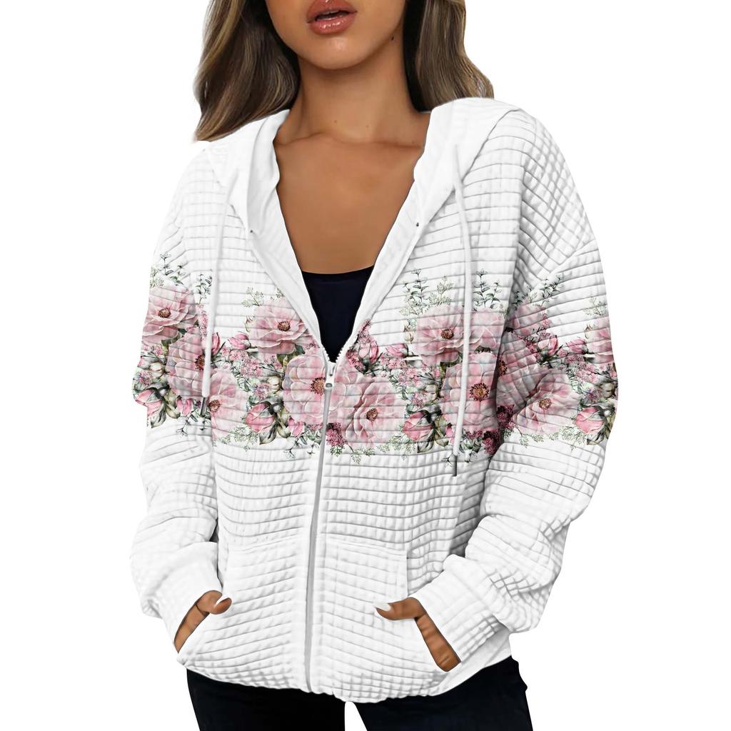 Damska jesienno-zimowa, modna bluza z kapturem i nadrukiem. Kurtka zapinana na zamek i kieszenie