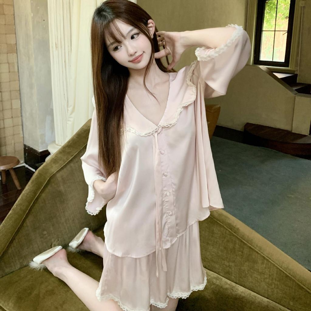 French premium long-sleeved ice silk pajamas women's summer new lace loungewear cardigan shorts skin-friendly set