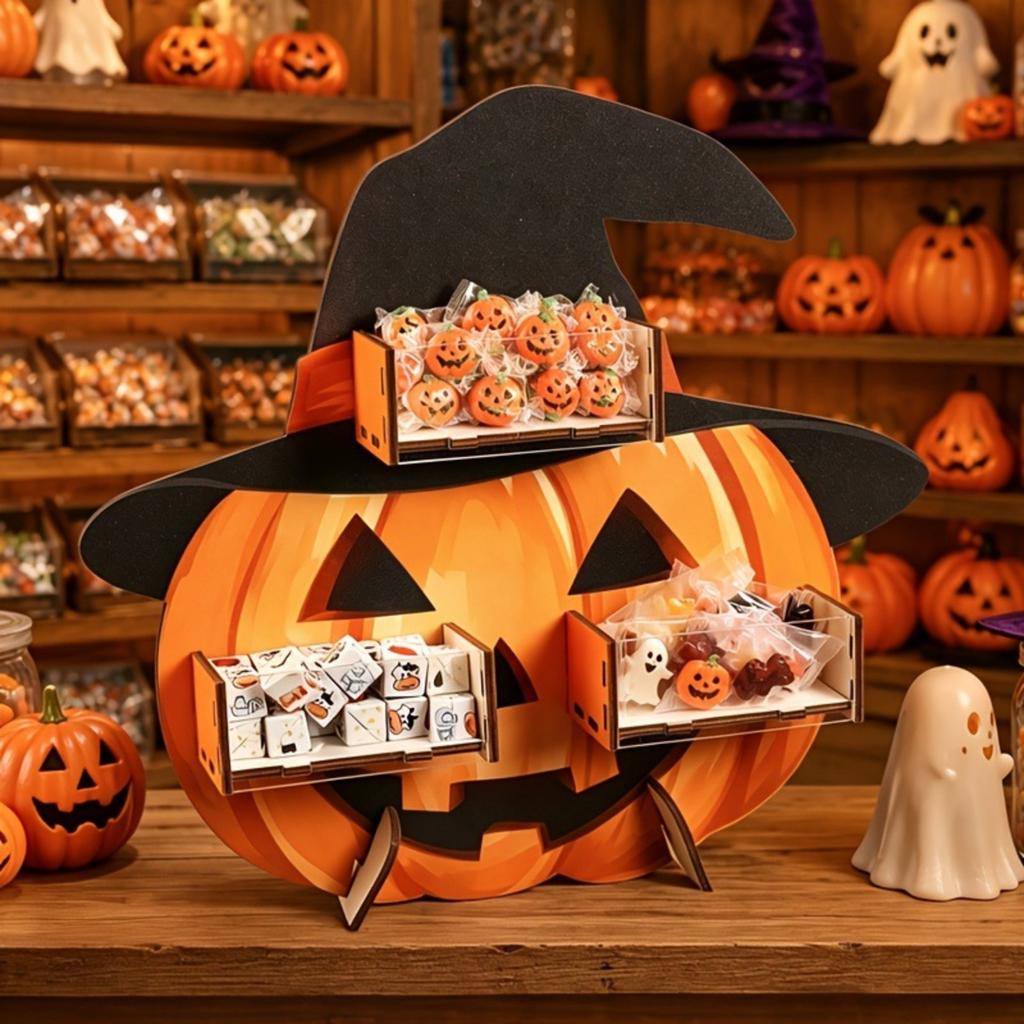 Halloween Wooden Pumpkin Candy Display Stand, Holiday Festive Wooden Candy Holder Tabletop Decor