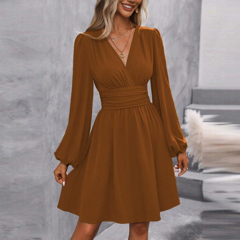 Spring Summer Women's Dress Solid Color Chest Wrapping V-Neck Lantern Sleeve Dress Women's Clothing