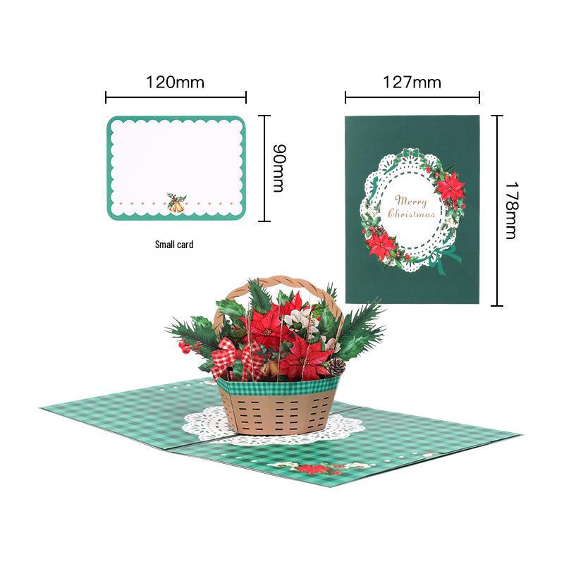 3D Christmas Card with Flower Basket - Exquisite Holiday Gift with Blessing Message