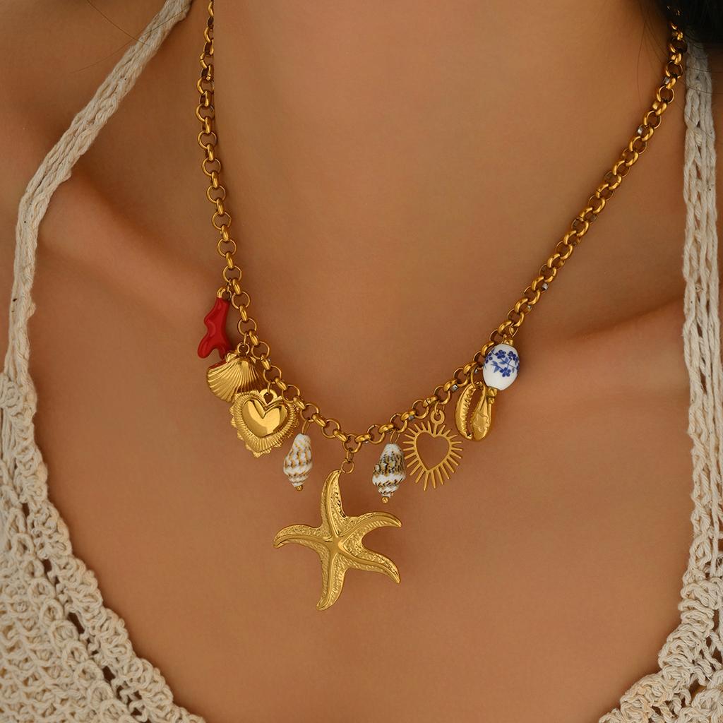 Ocean Style Jewelry Geometric Starfish Shell Design Versatile Long Necklace High Sense Necklace Women