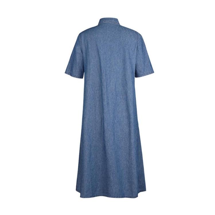 Retro Jeansowa Sukienka Maxi dla Kobiet Miękka Cienka Długa Sukienka z Guzikami Kieszeniami Krótki Rękaw Codzienna Vestidos Damska Jeansowa Sukienka