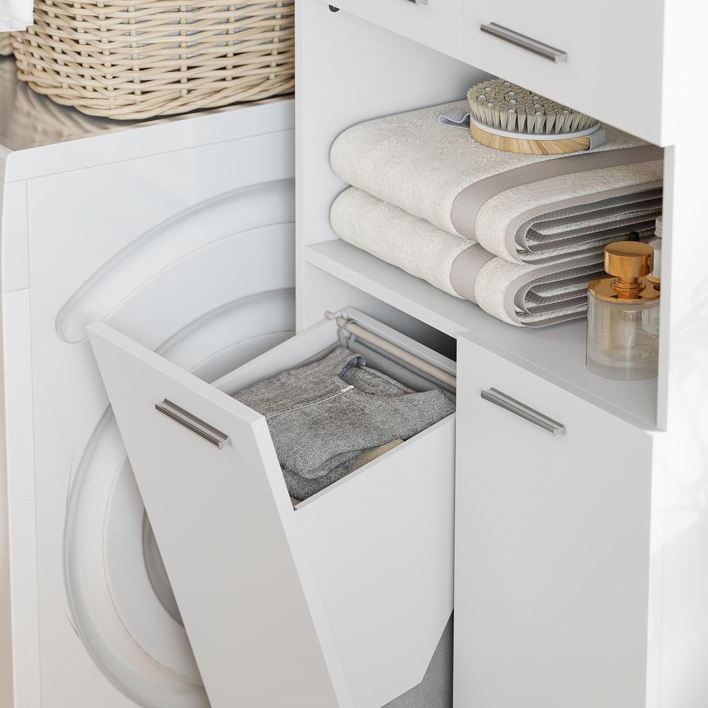 174 Cm High Bathroom Cabinet with Fold-out Laundry Basket and Soft-Close Doors, White