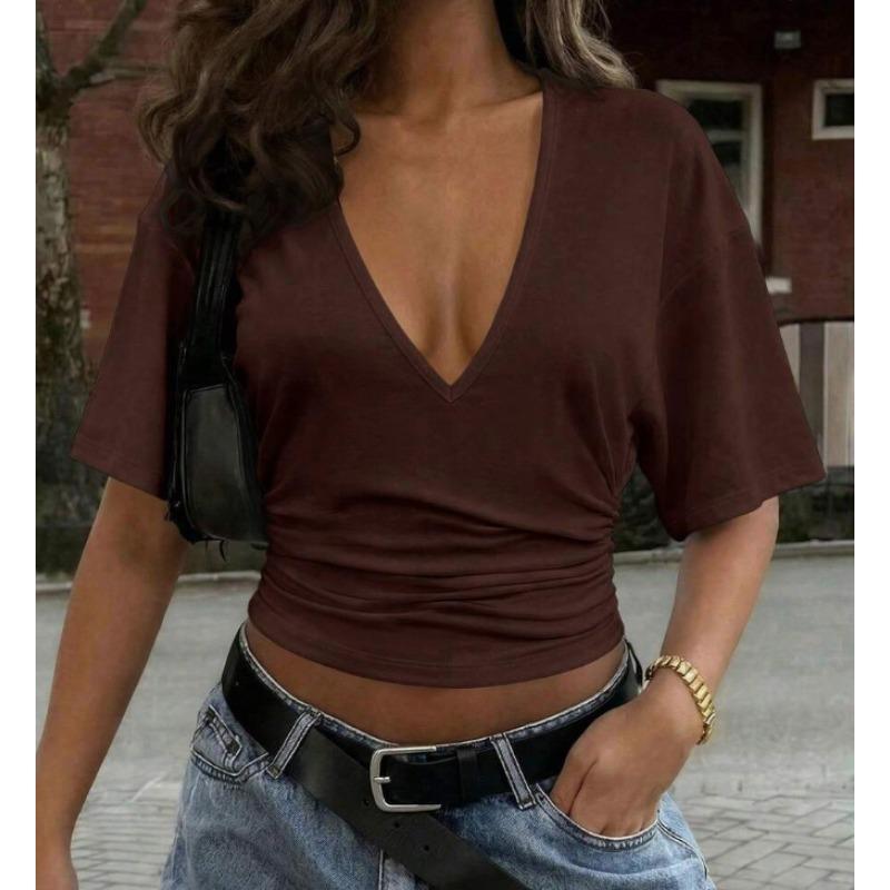 Blusas y Camisas Casuales de Moda para Mujer JPNTKY de Manga Corta con Cuello en V