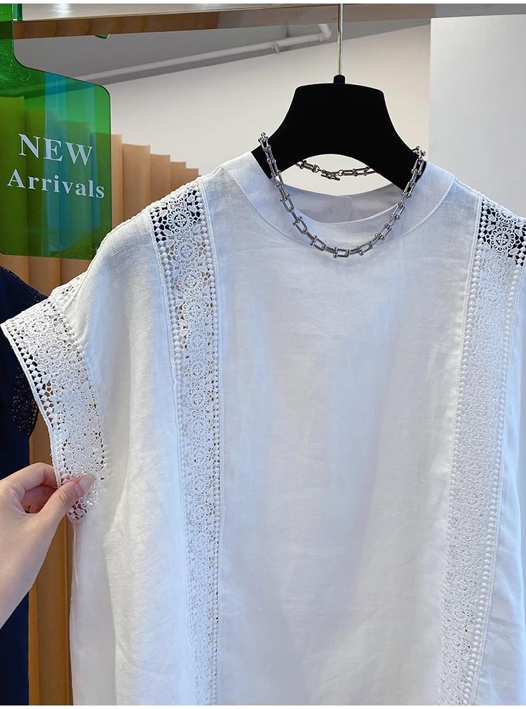 Women's White Lace Cotton Top - 2025 Summer Flutter Sleeve Patchwork Design