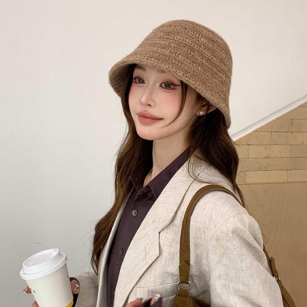 Soft Waxy Hollow Knitted Bucket Hat Women's Autumn and Winter Simple Wool Blended Bucket Hat Versatile and Small Face