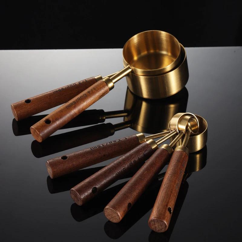 8Pcs Wooden Handle Stainless Steel Measuring Cups Spoons Baking Tools Coffee Measuring Spoon Set Bartending Scale Accessories