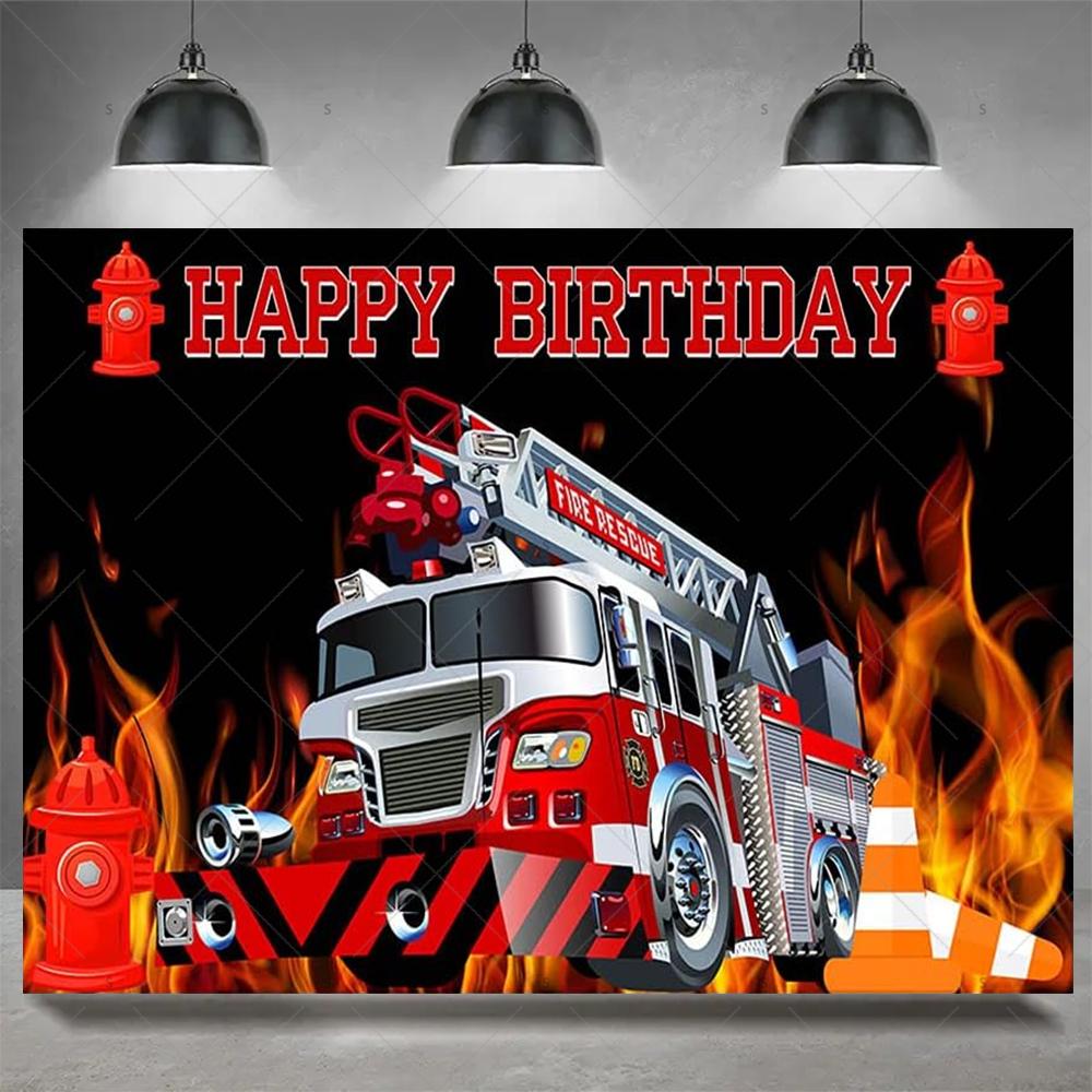 Firefighter Firetruck Theme BackgroundRed Fire Truck Children Boy Birthday Party Decor Baby Shower Photography Backdrop Props