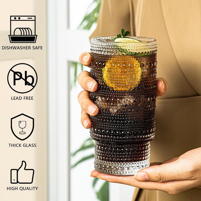 16oz Hobnail Drinking Glasses Set of 4, Stackable Glass Cups With Glass Straws, Aesthetic Cocktail Glasses