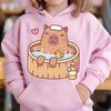 Cute Capybara Loves Bubble Tea Kids Hoodie Pink Sweater Autumn Winter Tops Girls Boys Hoodied