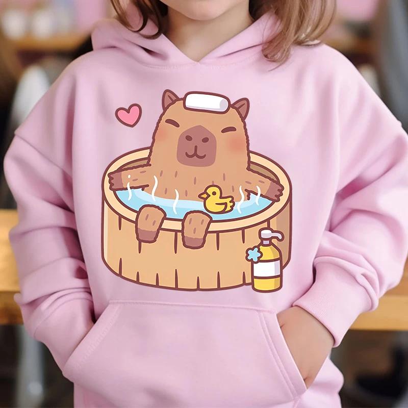 Cute Capybara Loves Bubble Tea Children's Hoodie Pink Autumn and Winter Girl's Top