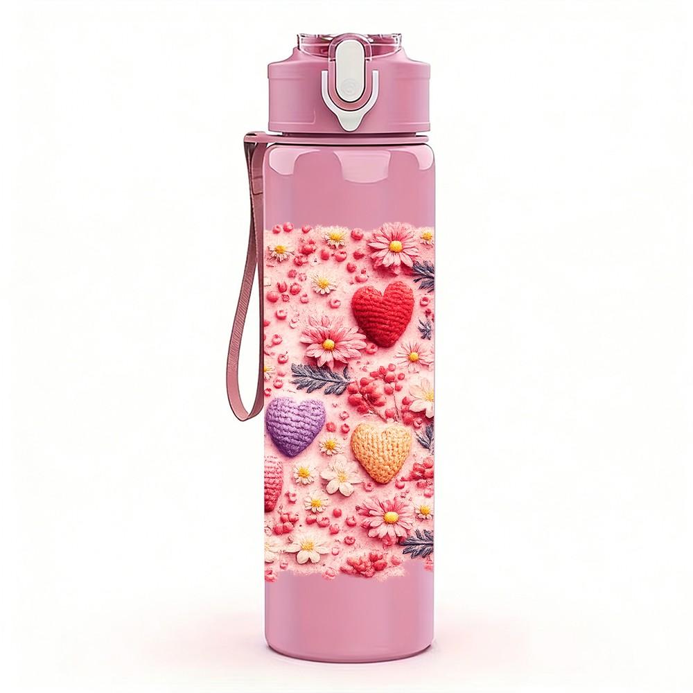 1PC Sweet Pink Heart Berry 750ml Color Plastic Sports Water Bottle Leakproof Flip Straw Lid Suitable for Sports Office Home Use