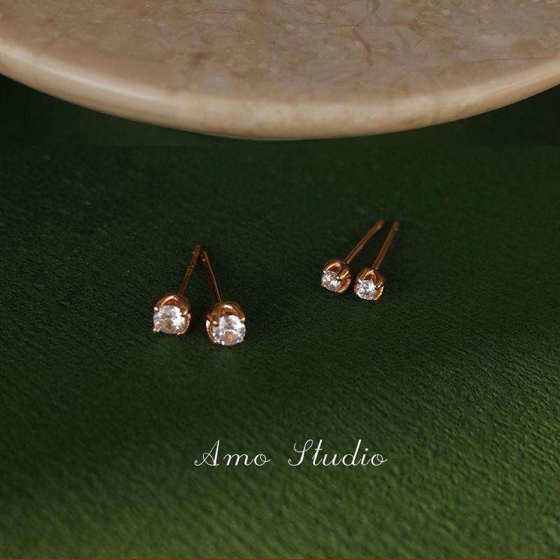 

AMO Super Flash Mini Small Diamond Studs Ear-Caring S925 Sterling Silver Sleep No Need to Take off Earrings Minimalist Versatile Basic [Small size 2mm] Classic White pair