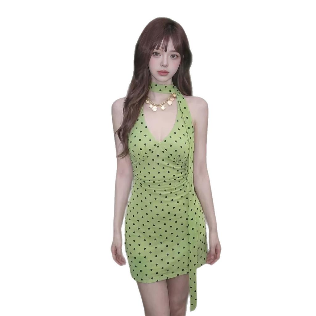 Vintage Polka Dot V-neck Halter Dress for Women, Summer Waist-cinching Slimming Hot Girl Style Short Skirt, Mature Woman Slim A-line Mini Skirt