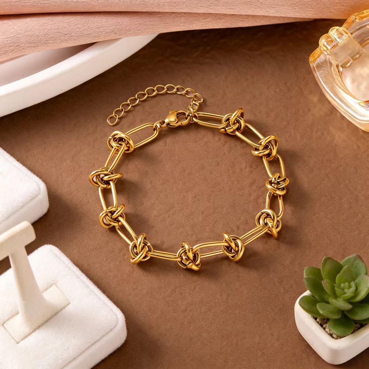 18K Gold Plated Titanium Steel Knotted Bracelet Necklace - Trendy European-American Style 18K
