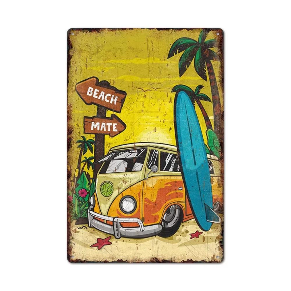 Vintage Tin Art of Summer Surfboards: Ideal for American Bar Backdrops and Home Decor Wall Murals